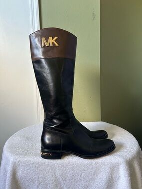 Michael Kors Black Leather Tall Boots with Brown Cuff and Gold MK